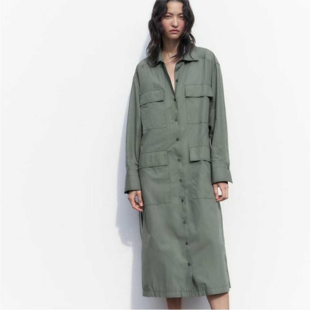 ZARA MULTI-POSITIONAL SHIRTDRESS Utility  Army Green NWT XXL - Picture 2 of 13